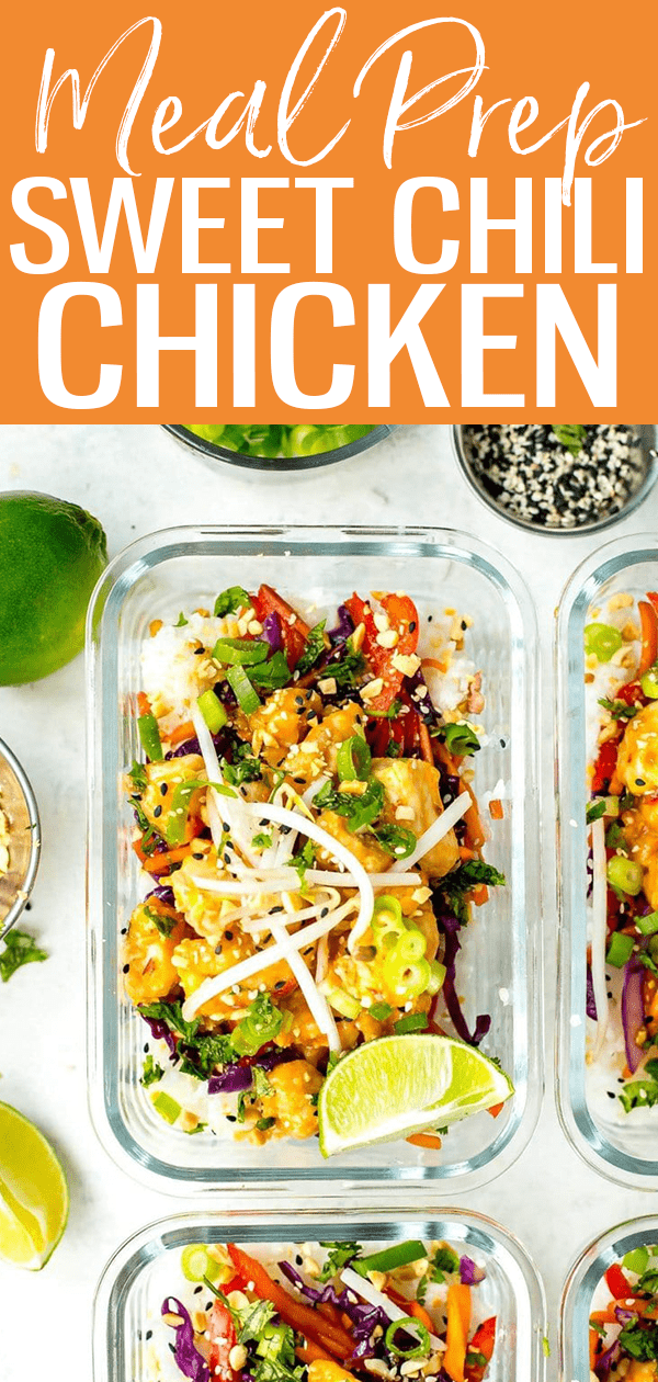 These Sweet Chili Chicken Meal Prep Bowls with jasmine rice, bean sprouts & cilantro are a delicious make-ahead lunch idea! #mealprep #chilichicken