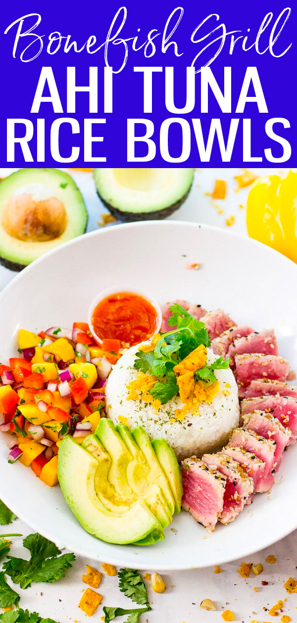 These Bonefish Grill Tuna Bowls are a delicious copycat from my favourite seafood chain, made with mango salsa and sweet chili sauce! #bonefishgrill #tunabowls #ahituna