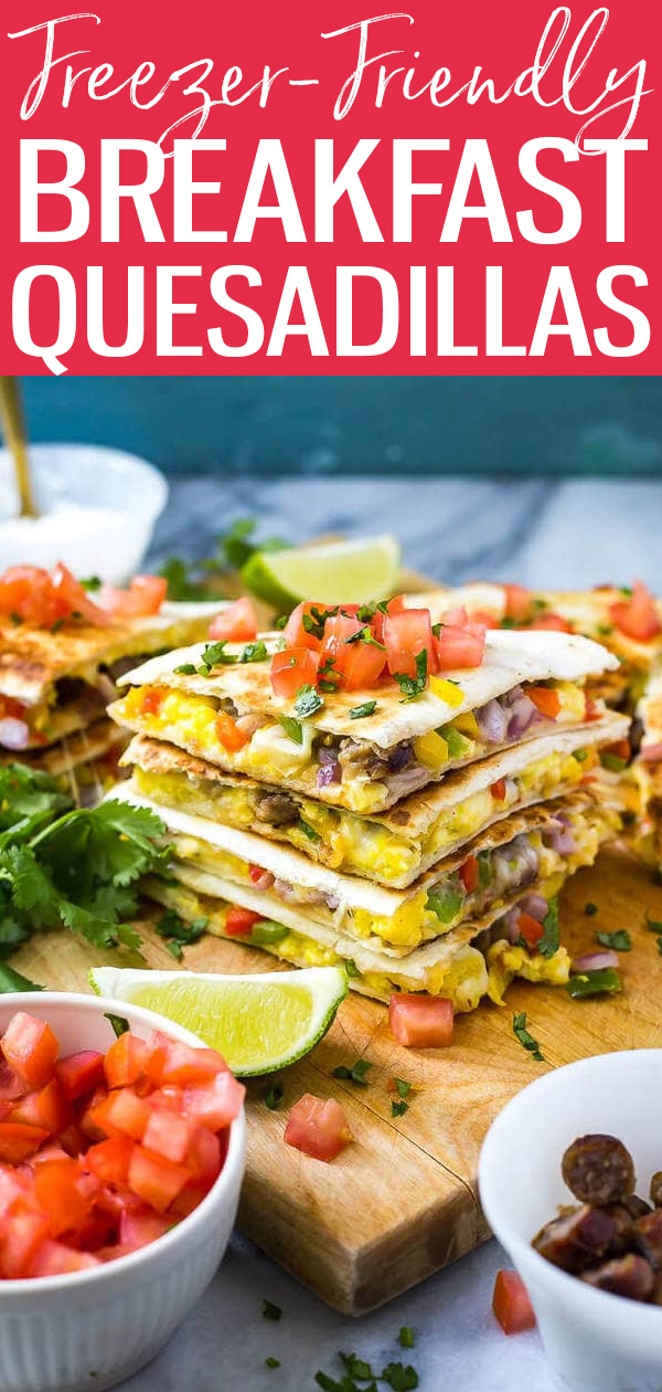 These Freezer-Friendly Tex Mex Breakfast Quesadillas with scrambled eggs, diced peppers and sausage are the ultimate meal prep breakfast! #breakfastquesadillas #mealprep #freezermeal