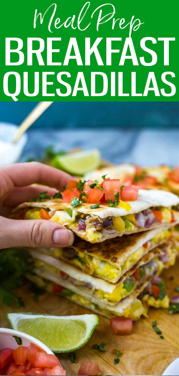 These Freezer-Friendly Tex Mex Breakfast Quesadillas with scrambled eggs, diced peppers and sausage are the ultimate meal prep breakfast! #breakfastquesadillas #mealprep #freezermeal