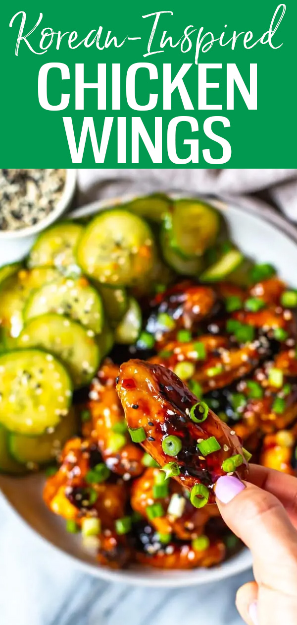 These Baked Korean-Inspired Chicken Wings are a healthier way to enjoy your favourite pub food, served with a delicious cucumber salad! #koreaninspired #chickenwings