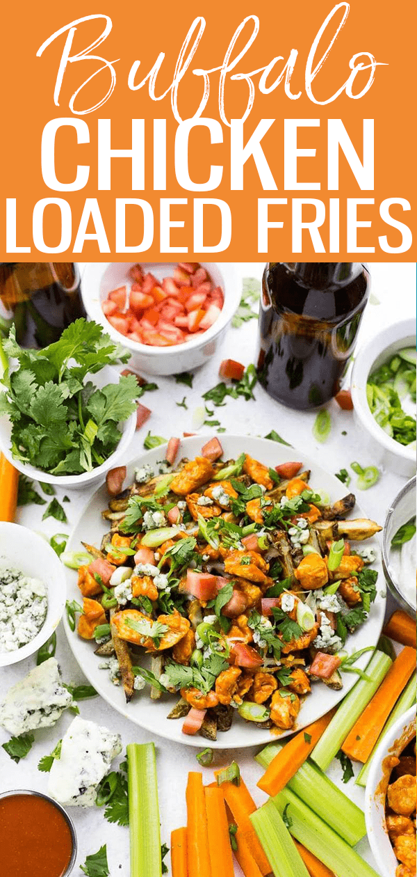 These Loaded Buffalo Chicken Fries are a healthier alternative to traditional game day food, made with homemade oven fries and topped with mozzarella and blue cheeses!  #loadedfries #buffalochicken