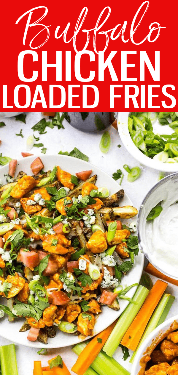 These Loaded Buffalo Chicken Fries are a healthier alternative to traditional game day food, made with homemade oven fries and topped with mozzarella and blue cheeses!  #loadedfries #buffalochicken