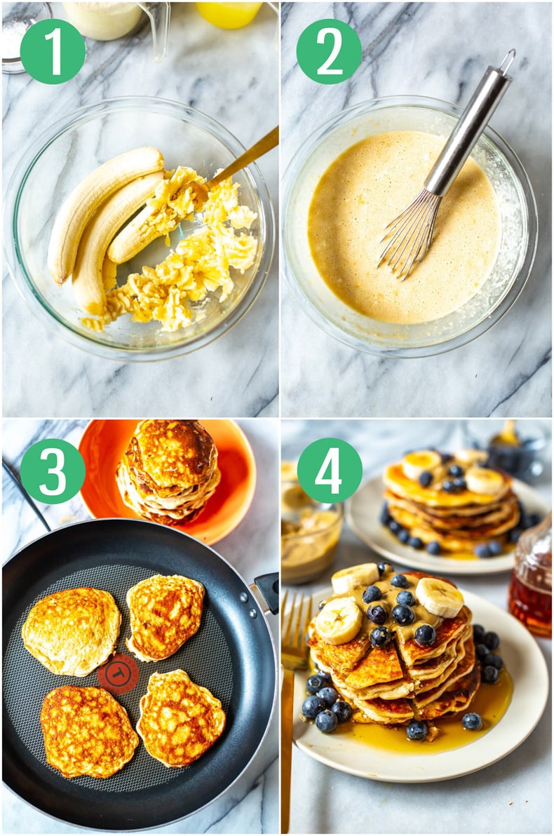 photo collage showing steps to make a protein pancake recipe