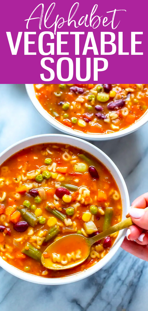 Homemade Alphabet Vegetable Soup is a delicious spin on your fave canned soup - it's also freezer-friendly and ready in 30 minutes! #alphabetsoup #vegetablesoup