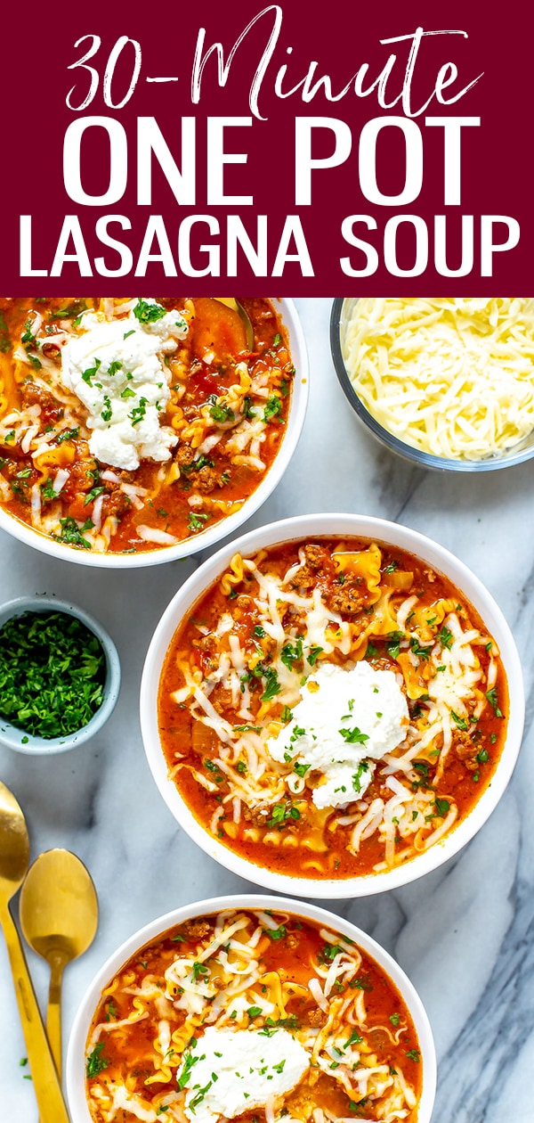 This 30-Minute One Pot Lasagna Soup is the best way to enjoy all the flavors of lasagna without any of the assembly - plus you can freeze the leftovers! #lasagnasoup #onepot #30minutedinner