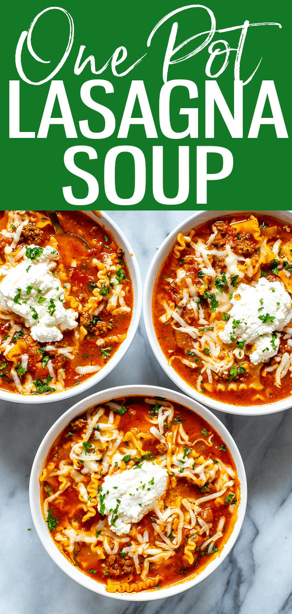 This 30-Minute One Pot Lasagna Soup is the best way to enjoy lasagna without any of the assembly – plus you can freeze the leftovers! #onepot #lasagnasoup