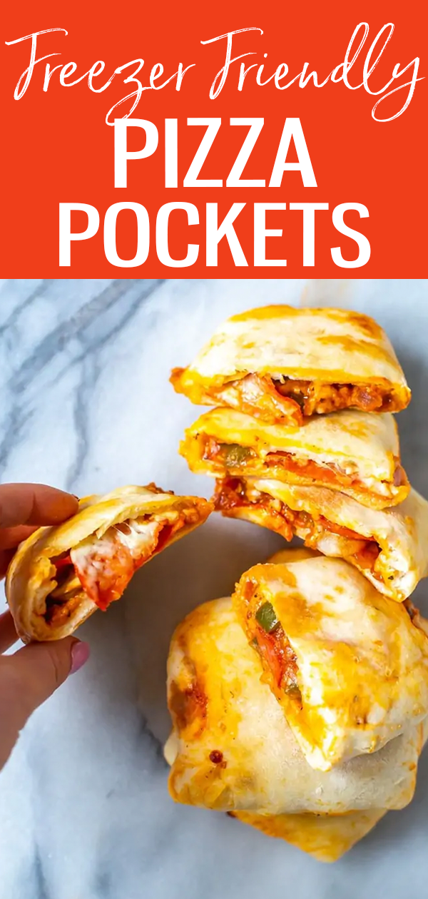 These Homemade Pizza Pockets are SO easy to make using store bought pizza dough and your favorite toppings - plus you can freeze them to enjoy anytime! #freezerfriendly #pizzapockets