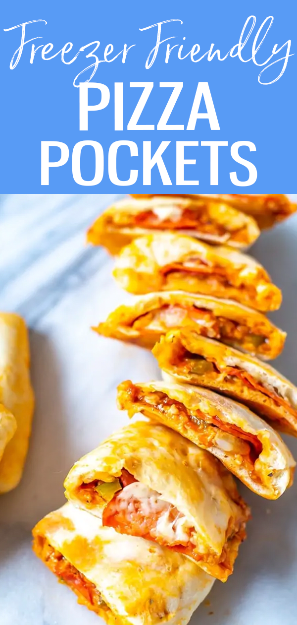 These Homemade Pizza Pockets are SO easy to make using store bought pizza dough and your favorite toppings - plus you can freeze them to enjoy anytime! #freezerfriendly #pizzapockets