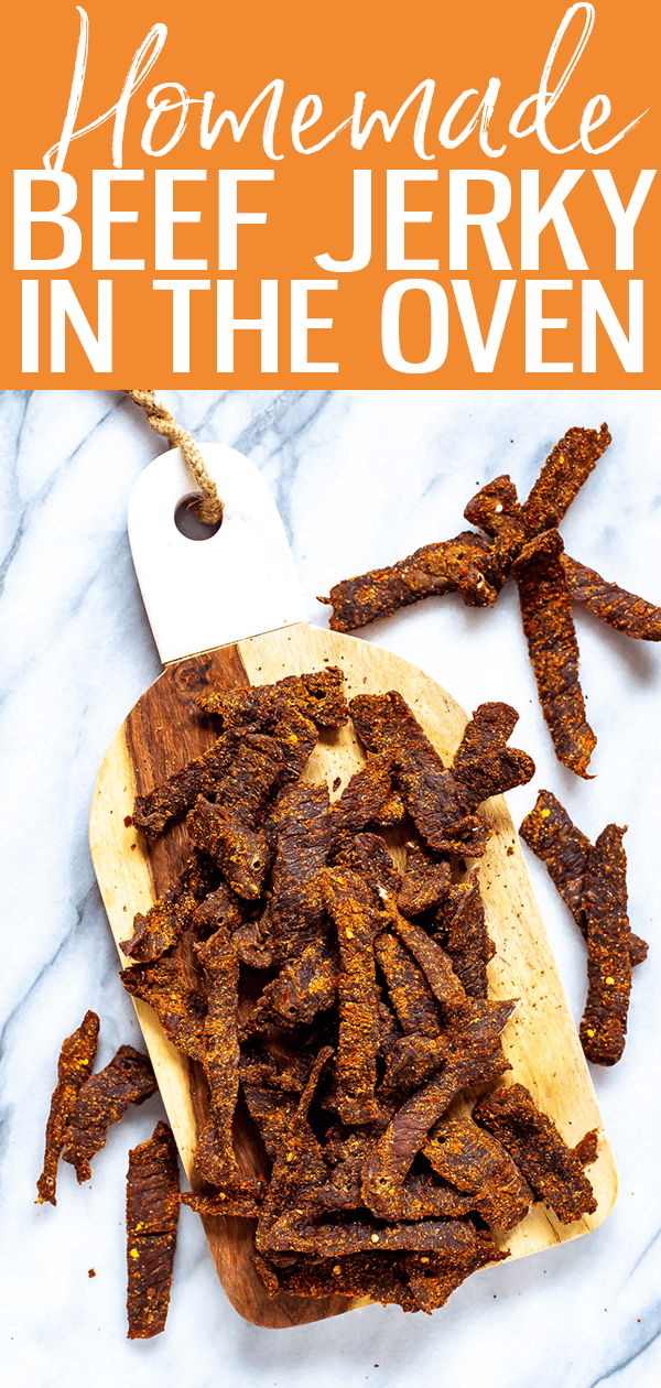 My homemade beef jerky recipe is way healthier & cheaper than the packaged stuff, & it's easy to make! All you need to do is put your oven on a low setting! #mealprep #beefjerky