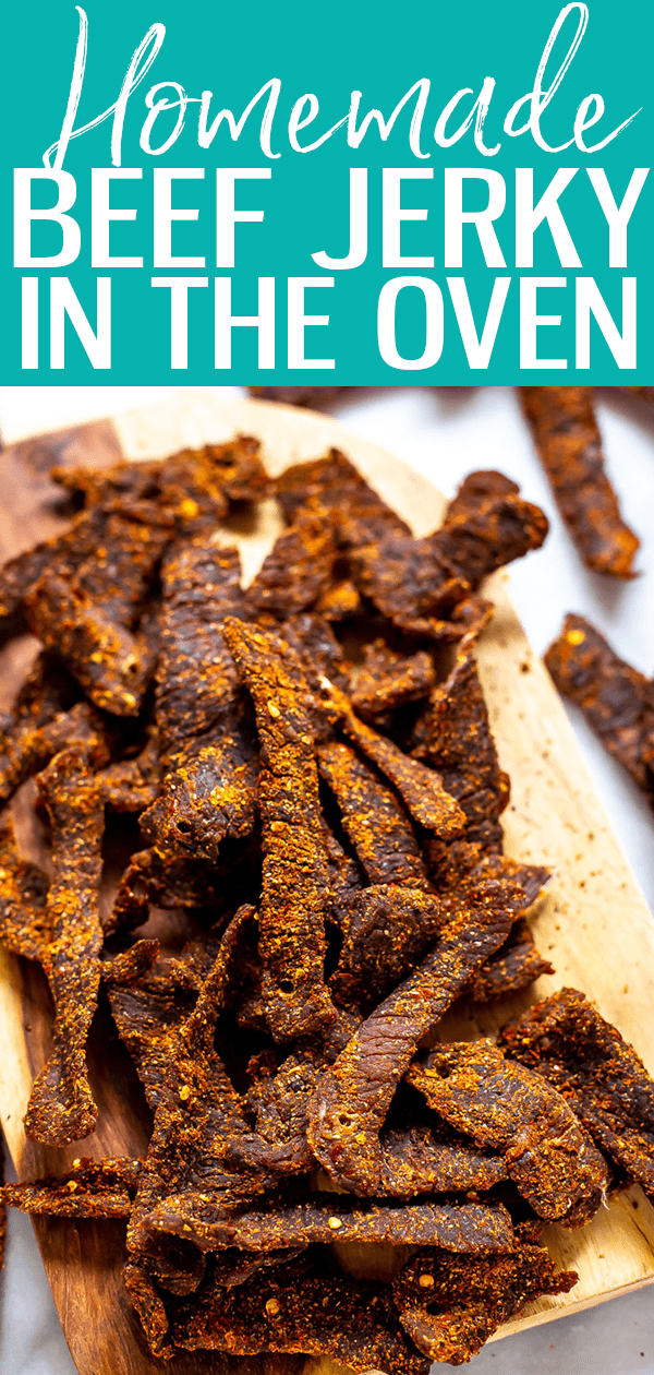 My homemade beef jerky recipe is way healthier & cheaper than the packaged stuff, & it's easy to make! All you need to do is put your oven on a low setting! #mealprep #beefjerky