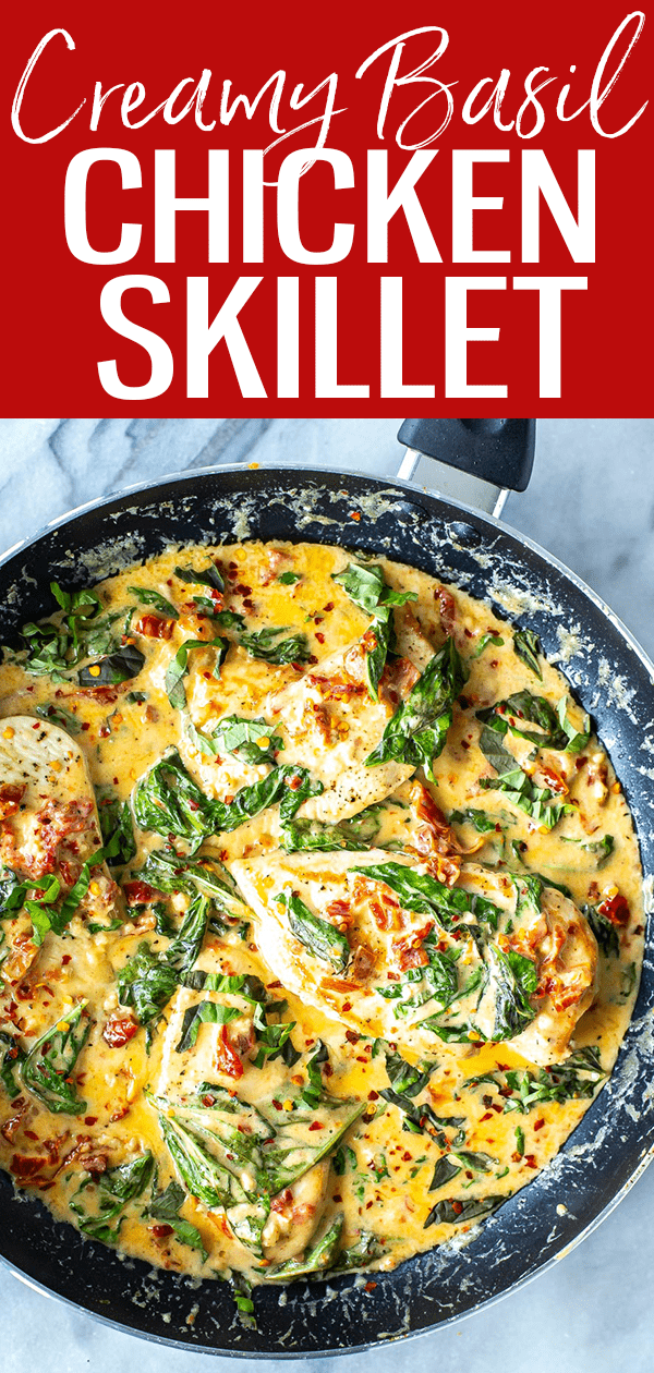 This Creamy Basil Chicken Skillet is a one pan meal ready in 30 minutes! Sear chicken cutlets in a butter, cream, basil and parmesan sauce. #creamybasil #chickenskillet