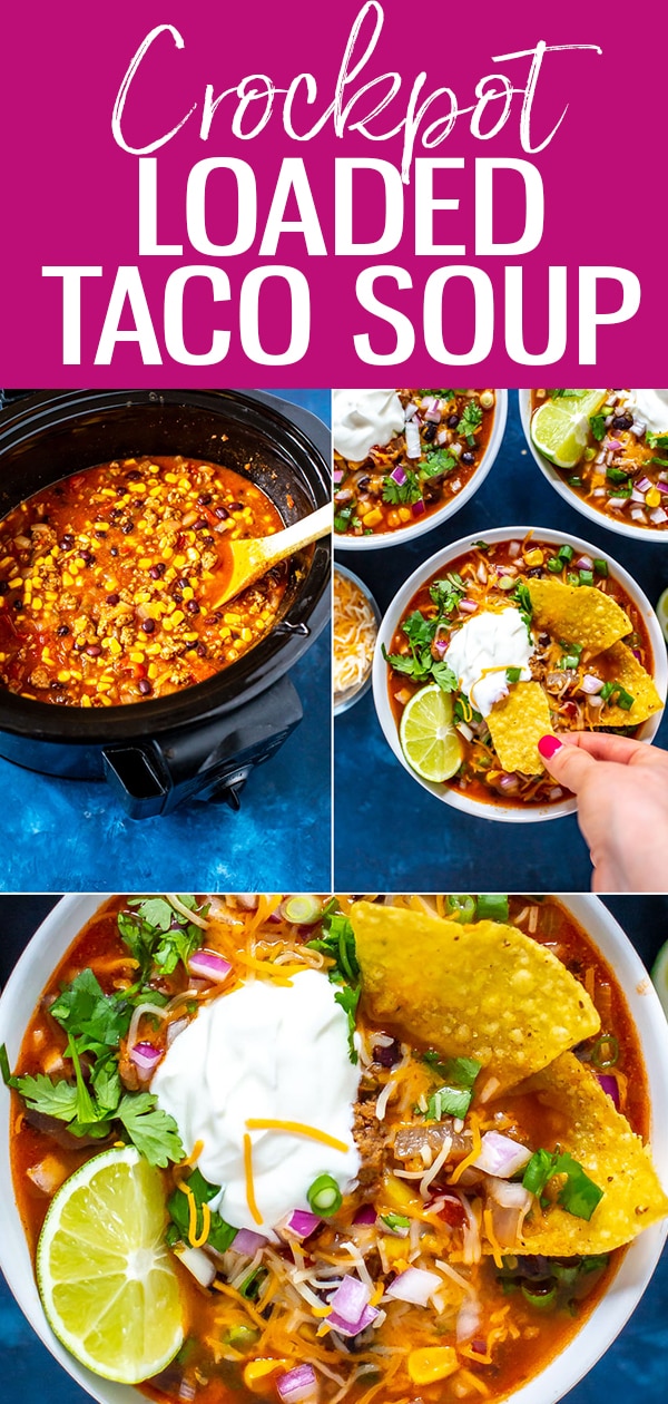 This is the easiest Crockpot Taco Soup! Brown ground beef, then dump in black beans, diced tomatoes & corn before loading up with tortilla chips & cheese #crockpot #tacosoup