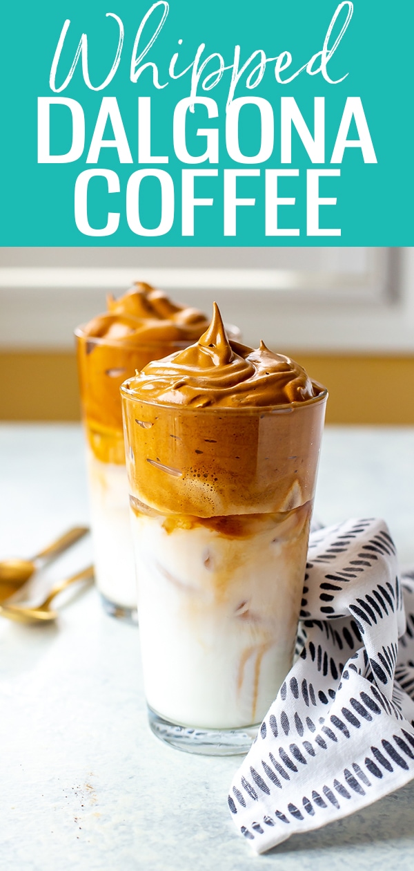 Dalgona coffee is the latest trend in iced coffee - this 3-ingredient whipped coffee is creamy, frothy & delicious, just like you'd get at a coffee shop! #dalgonacoffee #whippedcoffee