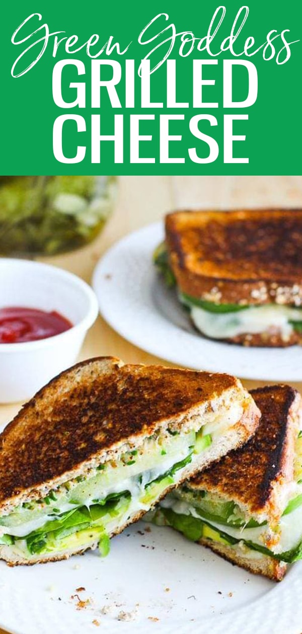 This Green Goddess Grilled Cheese Sandwich is a delicious, healthy lunch idea filled with avocado, spinach, sprouts, havarti and mozzarella! #grilledcheese #greengoddess #sandwiches