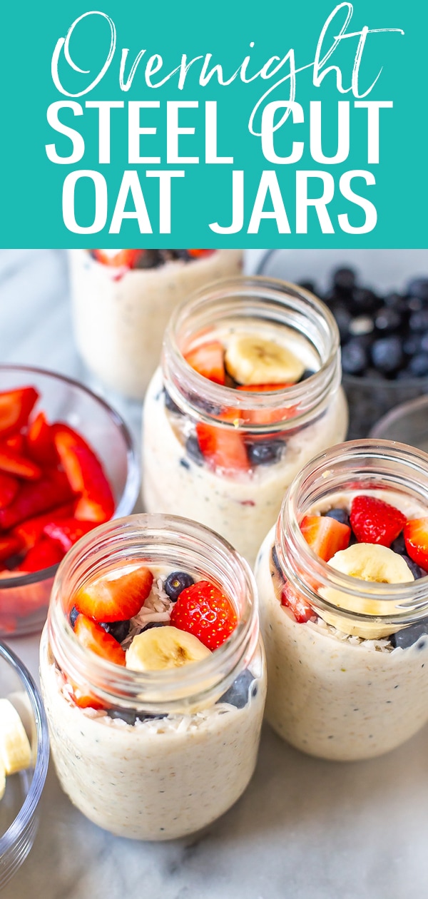 These Overnight Steel Cut Oats are made with Greek yogurt, almond milk and hemp hearts for a protein-packed meal prep breakfast! #steelcutoats #mealprep #breakfast