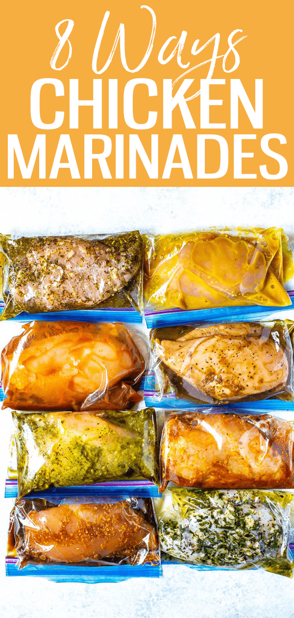 These chicken marinade recipes include everything from teriyaki to honey mustard and fajita. Most have 5 ingredients or less! #ChickenMarinades #MealPrepChicken