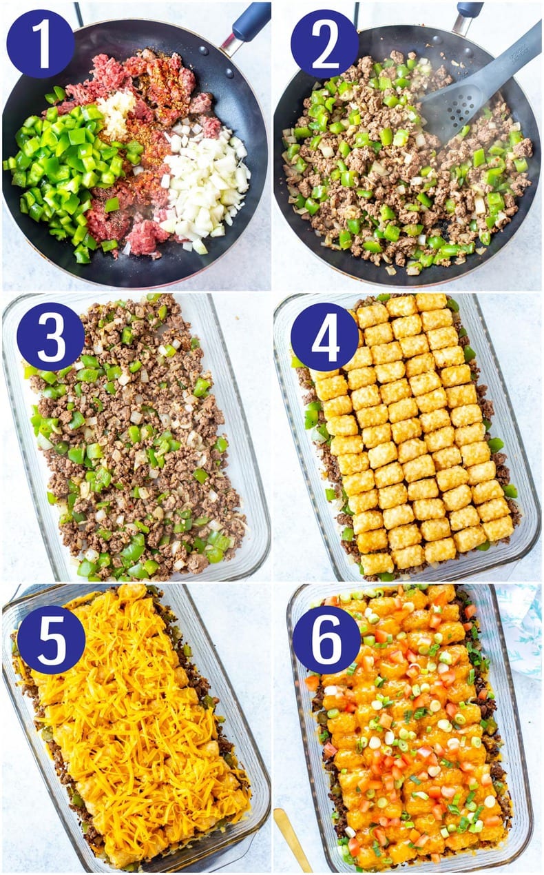 Step by step instructions of cheeseburger tater tot casserole assembly