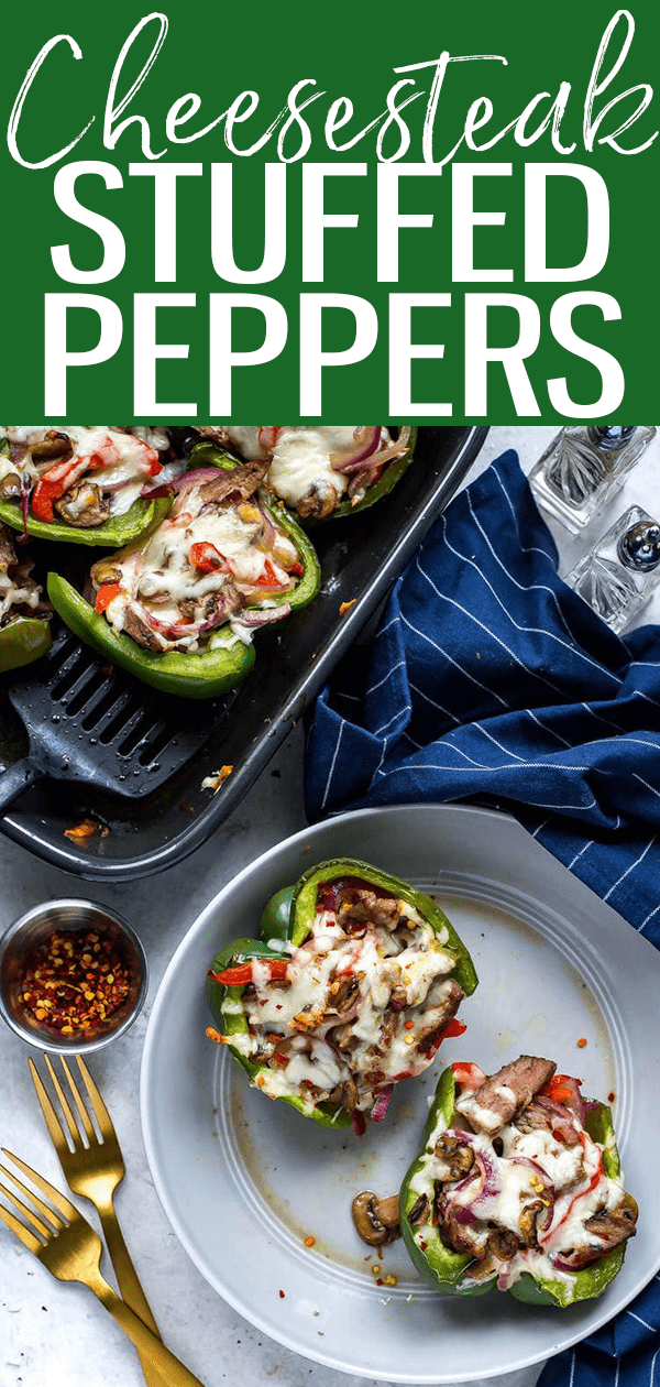 These Philly Cheesesteak Stuffed Peppers are a delicious low-carb spin on the classic sandwich and a tasty dinner idea you can prep ahead of time.  #stuffedpeppers #phillycheesesteak