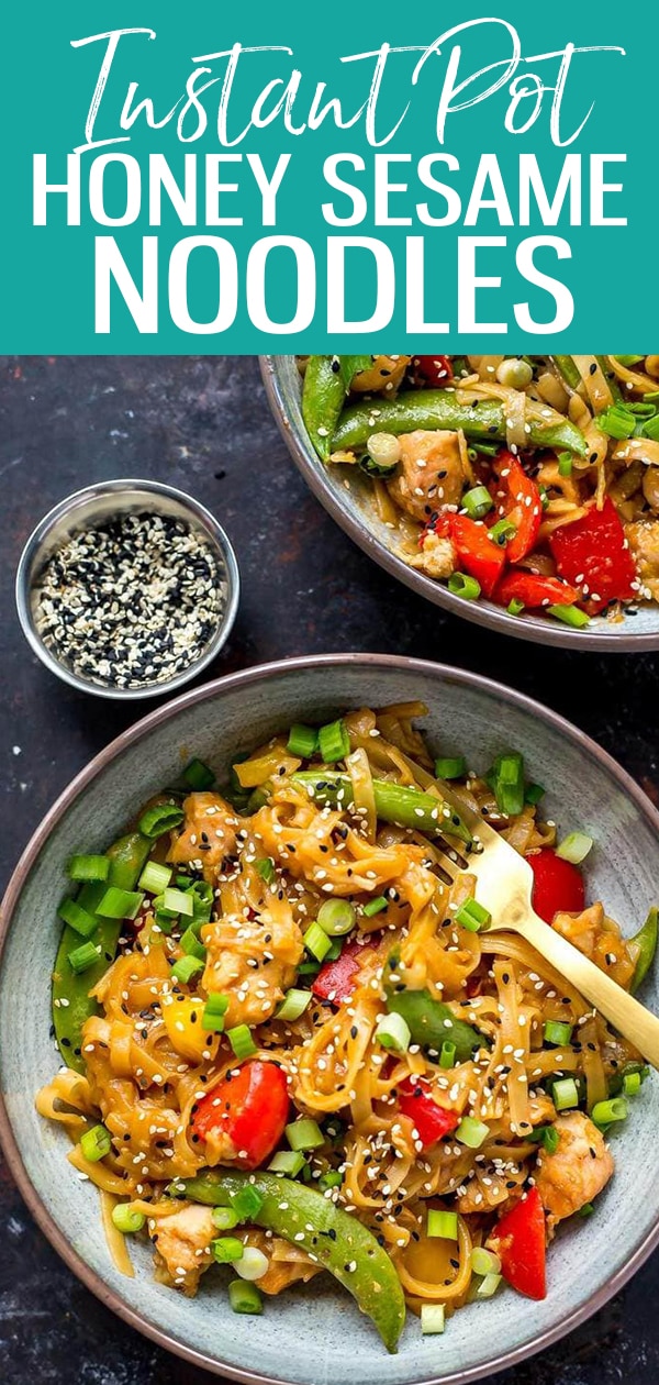 These Instant Pot Honey Sesame Chicken Noodle Bowls will satisfy your cravings for takeout, and it's all ready within 20 minutes! #instantpot #noodlebowls