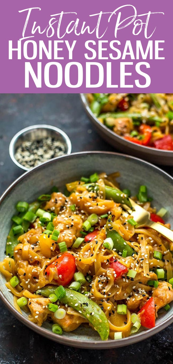 These Instant Pot Honey Sesame Chicken Noodle Bowls will satisfy your cravings for takeout, and it's all ready within 20 minutes! #instantpot #noodlebowls