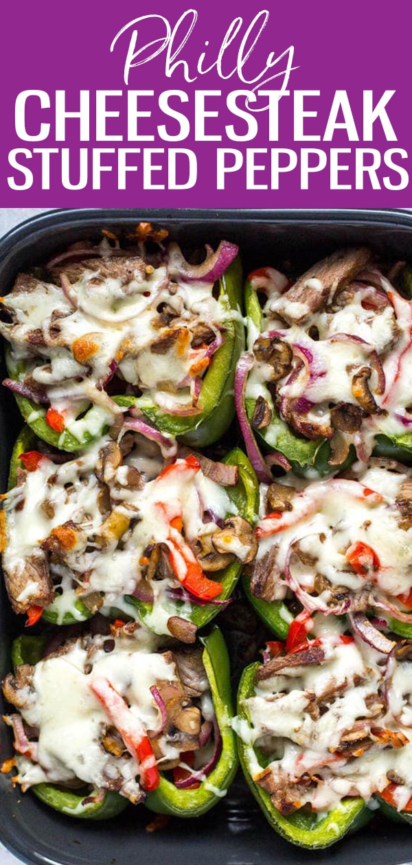 These Philly Cheesesteak Stuffed Peppers are a delicious low-carb spin on the classic sandwich and a tasty dinner idea you can prep ahead of time #phillycheesesteak #stuffedpeppers