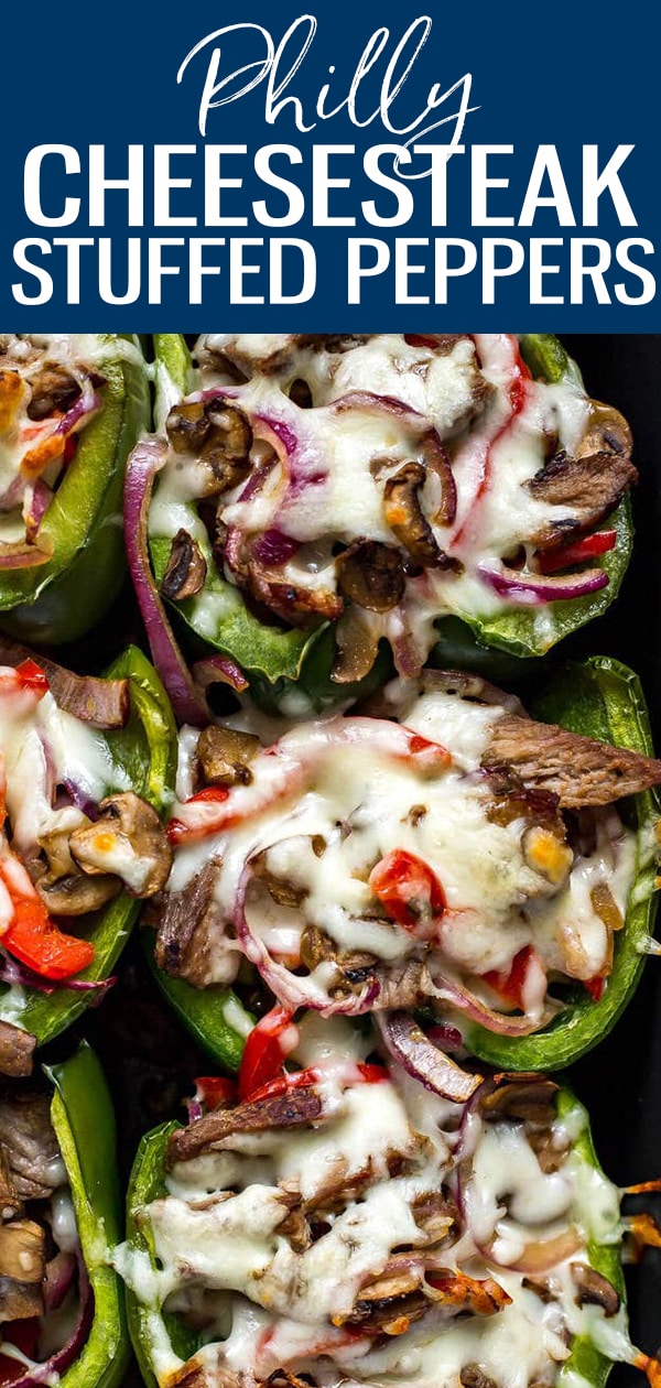 These Philly Cheesesteak Stuffed Peppers are a delicious low-carb spin on the classic sandwich and a tasty dinner idea you can prep ahead of time #phillycheesesteak #stuffedpeppers