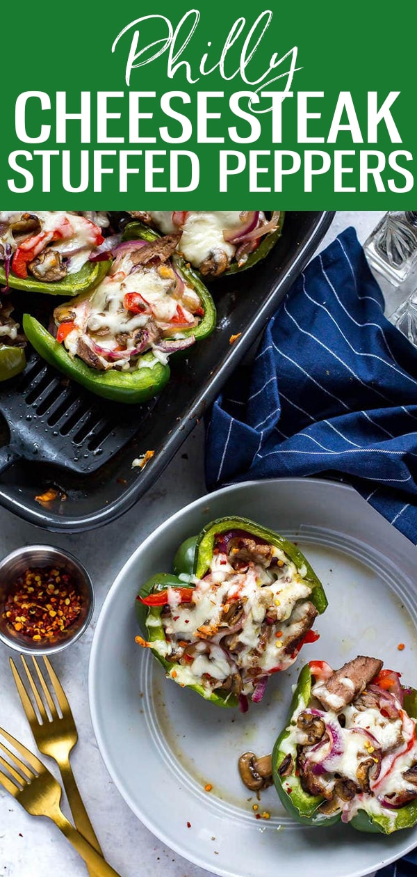 These Philly Cheesesteak Stuffed Peppers are a delicious low-carb spin on the classic sandwich and a tasty dinner idea you can prep ahead of time #phillycheesesteak #stuffedpeppers