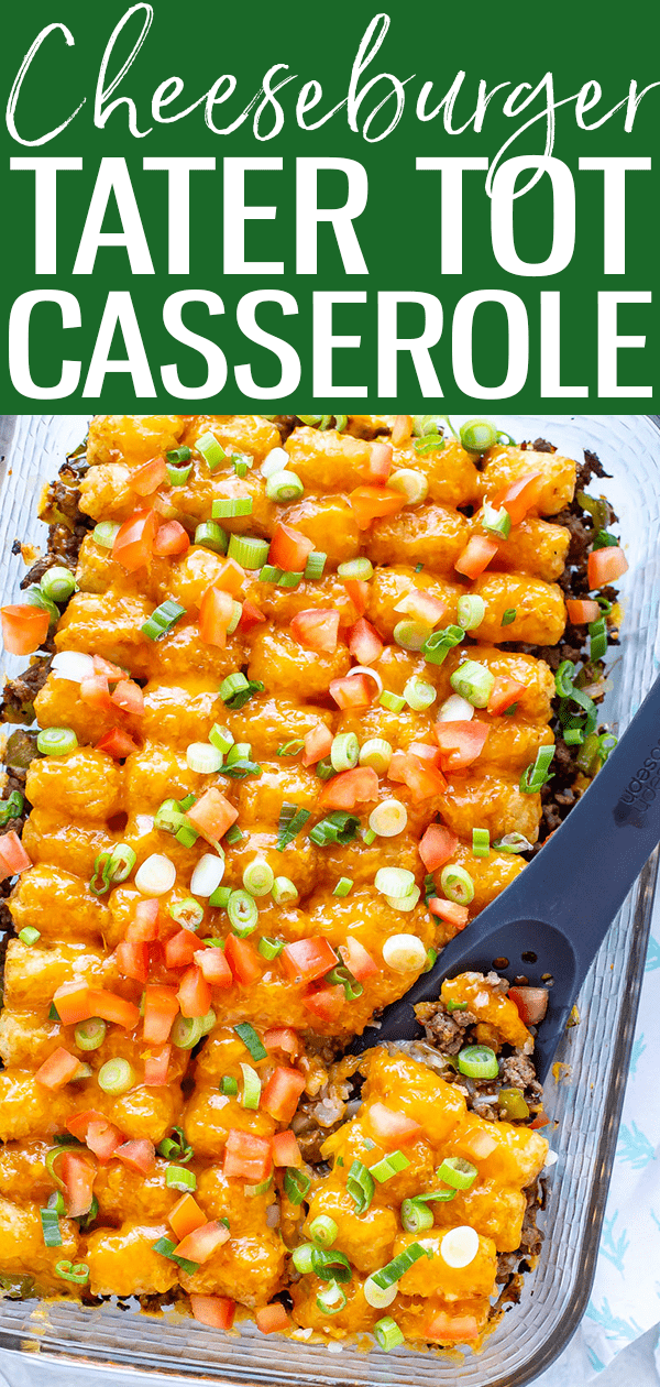 This Cheeseburger Tater Tot Casserole is the perfect family-friendly dish. It's easy, cheesy, and full of ALL the flavors of a burger! #tatertot #cheeseburgercasserole 