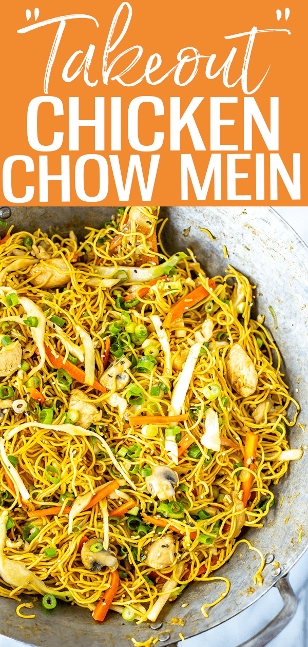 This Chicken Chow Mein tastes just like takeout, and comes together in one skillet in 30 minutes! The easy sauce uses pantry staples to boot. #chowmein #takeout