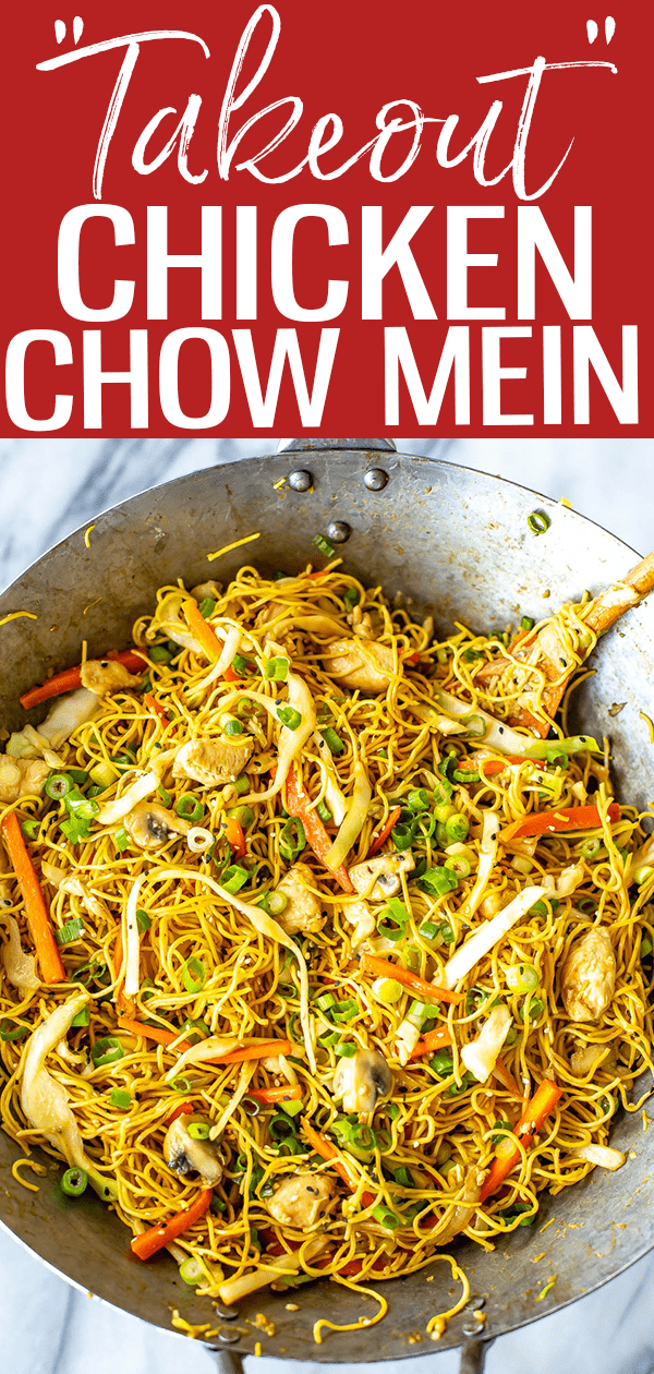 This Chicken Chow Mein tastes just like takeout, and comes together in one skillet in 30 minutes! The easy sauce uses pantry staples to boot. #chowmein #takeout