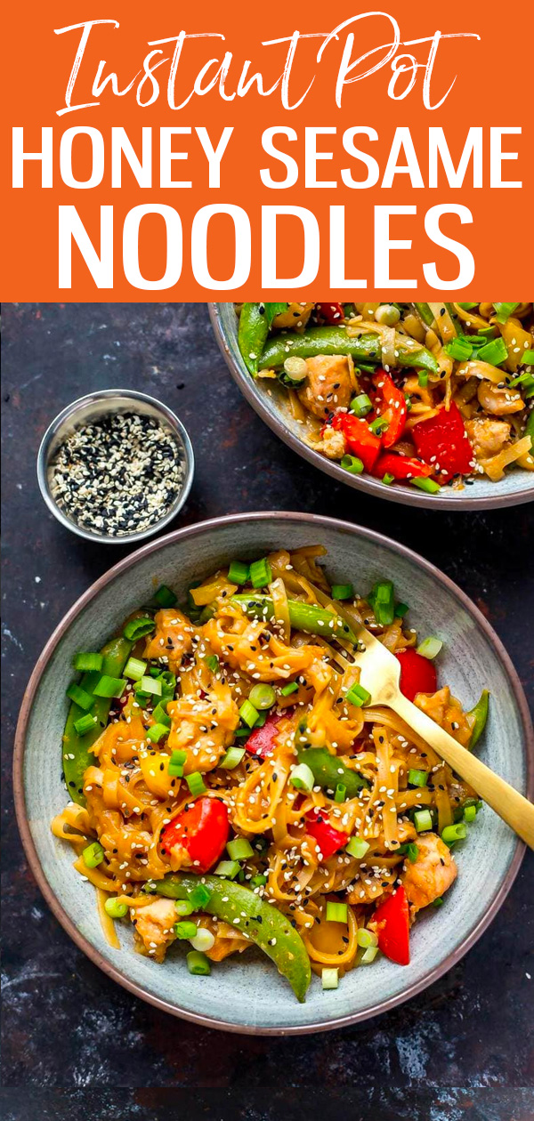These Instant Pot Honey Sesame Chicken Noodle Bowls are ready in 20 minutes and will satisfy all your takeout cravings with way less calories. #instantpot #noodlebowls