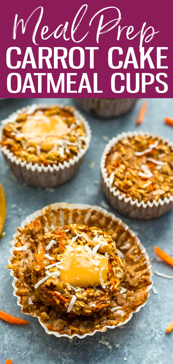 These Meal Prep Carrot Cake Oatmeal Muffin Cups are a delicious grab and go breakfast idea low in refined sugars and high in fibre - plus they've got veggies hidden in them! #carrotcake #oatmealcups #muffins