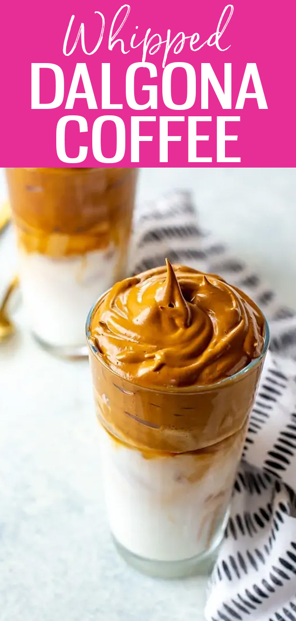 Dalgona Coffee is the latest iced coffee trend – this easy whipped coffee is creamy, frothy and delicious with just three ingredients! #dalgonacoffee #whippedcoffee