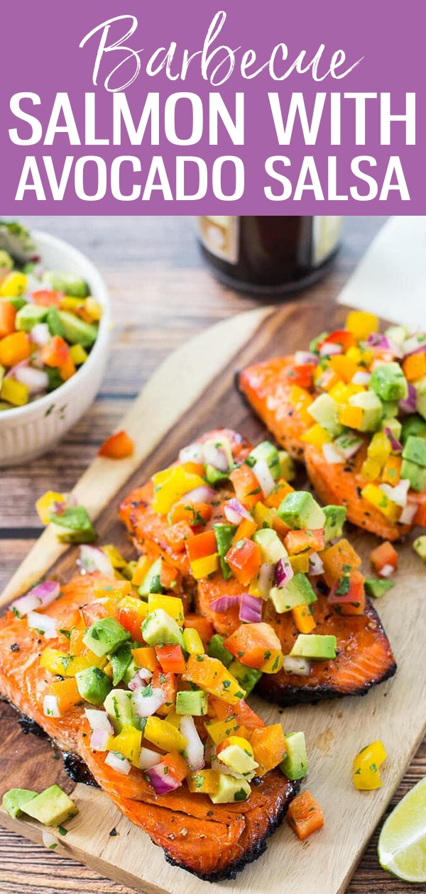 This Easy BBQ Salmon with Avocado Salsa is the perfect summer dinner idea and takes only 10 minutes to cook on the grill! #bbqsalmon #avocadosalsa