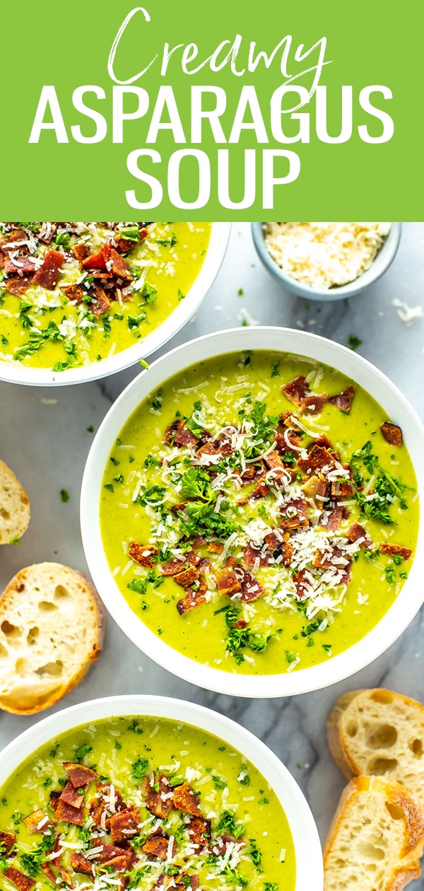 This easy Asparagus Soup is made with asparagus, potatoes, cream & parmesan cheese - it's a vibrant, silky soup you'll want to make again & again! #asparagussoup