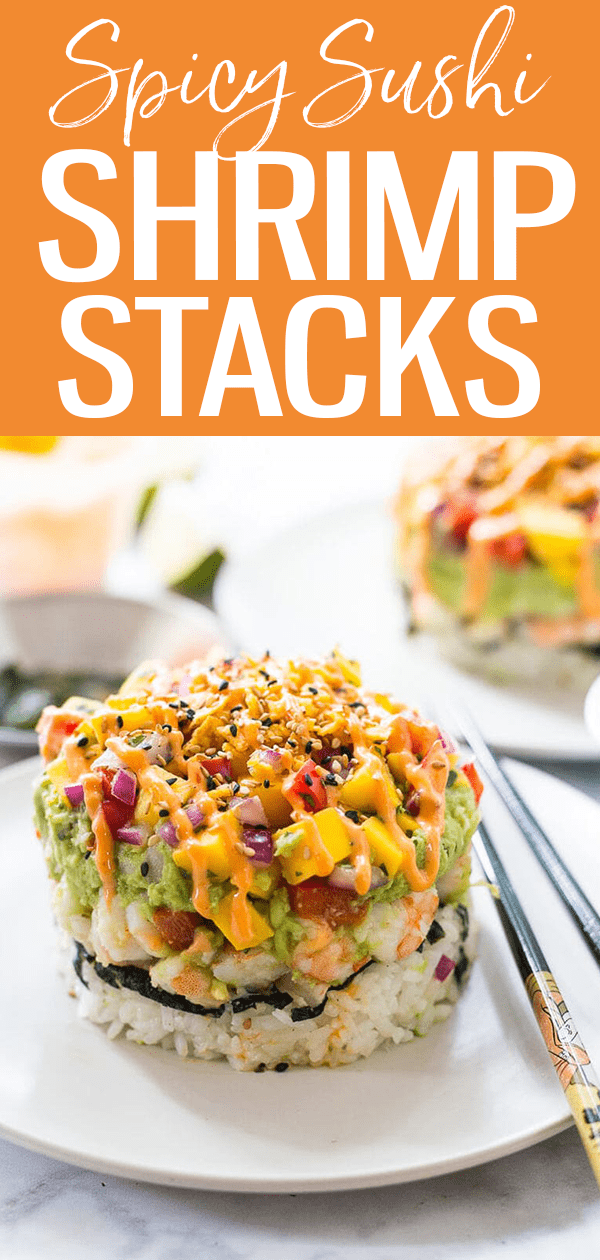 These Spicy Shrimp Stacks with Mango Salsa are a fun twist on a spicy California roll, topped with guacamole & drizzled with Bang Bang sauce! #spicysushi #shrimpstacks