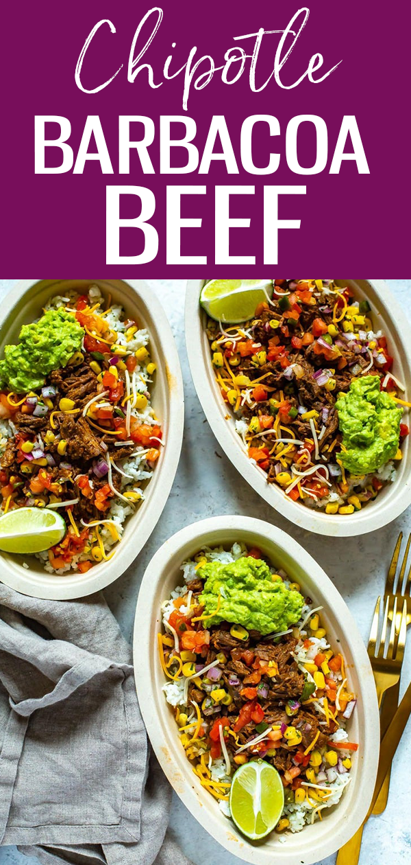 These Instant Pot Barbacoa Beef Burrito Bowls are just like Chipotle! Using a natural pressure release, the beef stays tender and flavourful. #instantpot #beefbarbacoa
