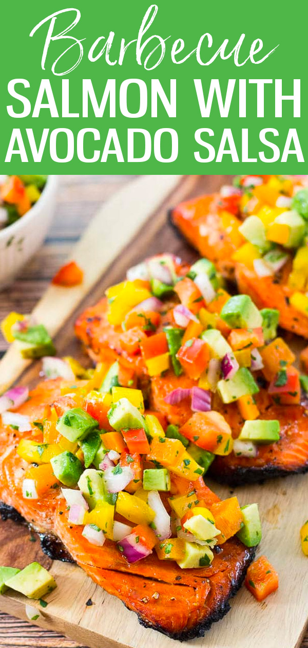 This Easy BBQ Salmon with Avocado Salsa is the perfect summer dinner idea and takes only 10 minutes to cook on the grill! #bbqsalmon #avocadosalsa
