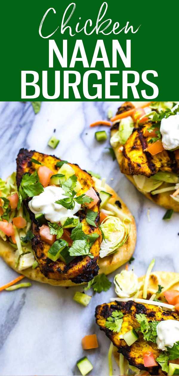 These Indian-Inspired Chicken Naan Burgers are a fun 30-minute dinner idea that you can throw on the BBQ, complete with a homemade spice mix. #chickenburgers #naan