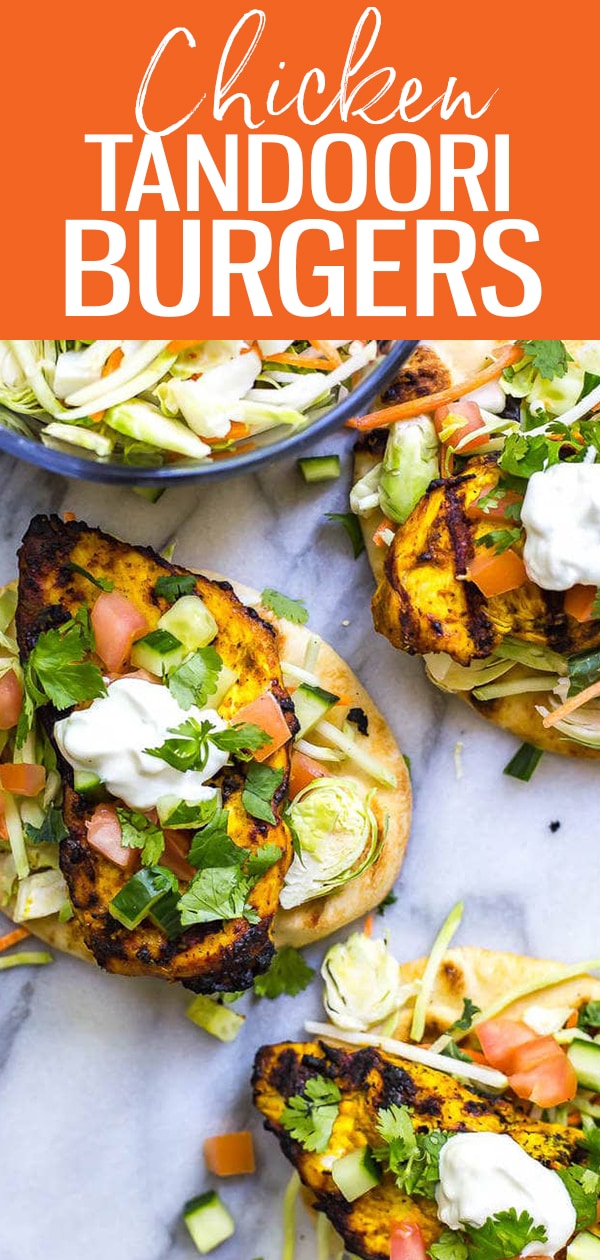 These Tandoori Chicken Naan Burgers are a fun 30-minute dinner idea that's perfect for the BBQ and made using a simple, homemade Indian-inspired spice mix! #tandoori #chickenburgers
