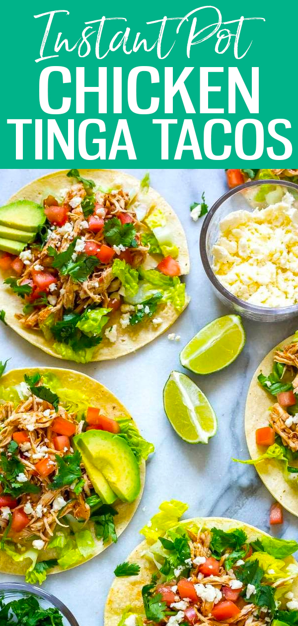 These Instant Pot Chicken Tinga Tacos are made with fire-roasted tomatoes and chipotle - they're gluten-free and ready in 30 minutes! #instantpot #tacos #chickentinga