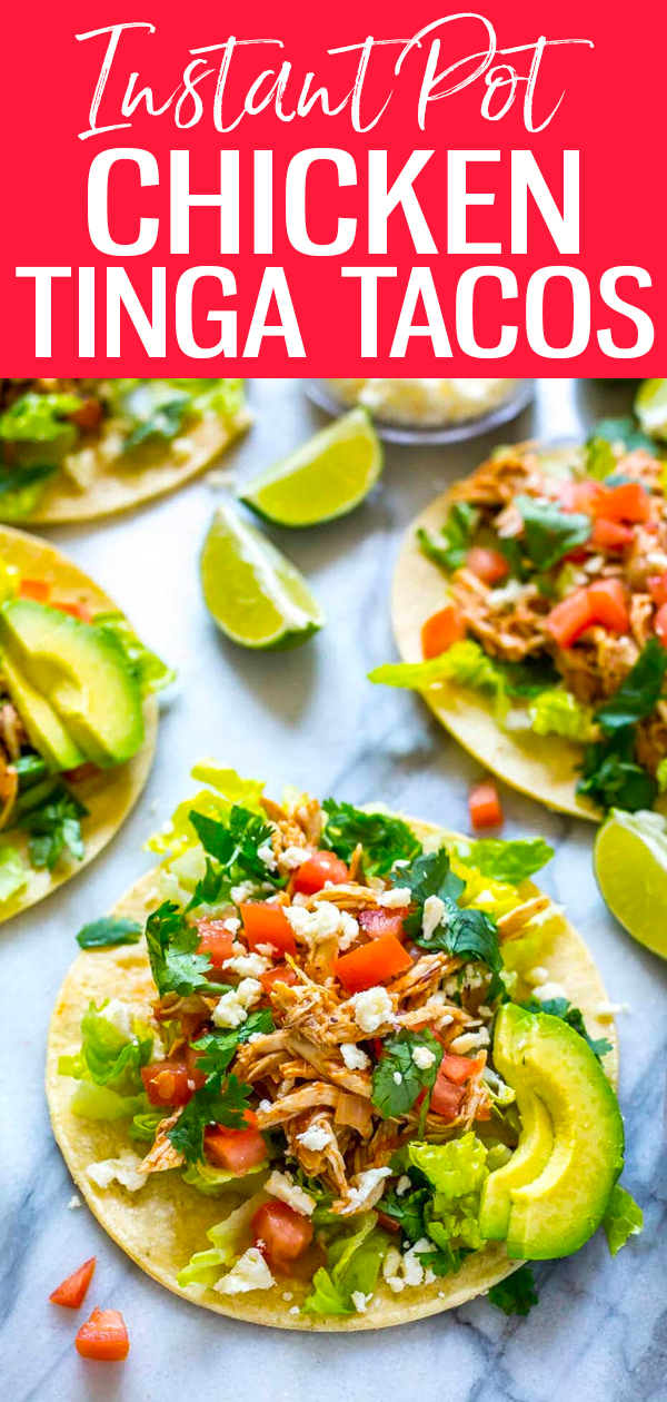 These Instant Pot Chicken Tinga Tacos are made with fire-roasted tomatoes and chipotle - they're gluten-free and ready in 30 minutes! #instantpot #tacos #chickentinga