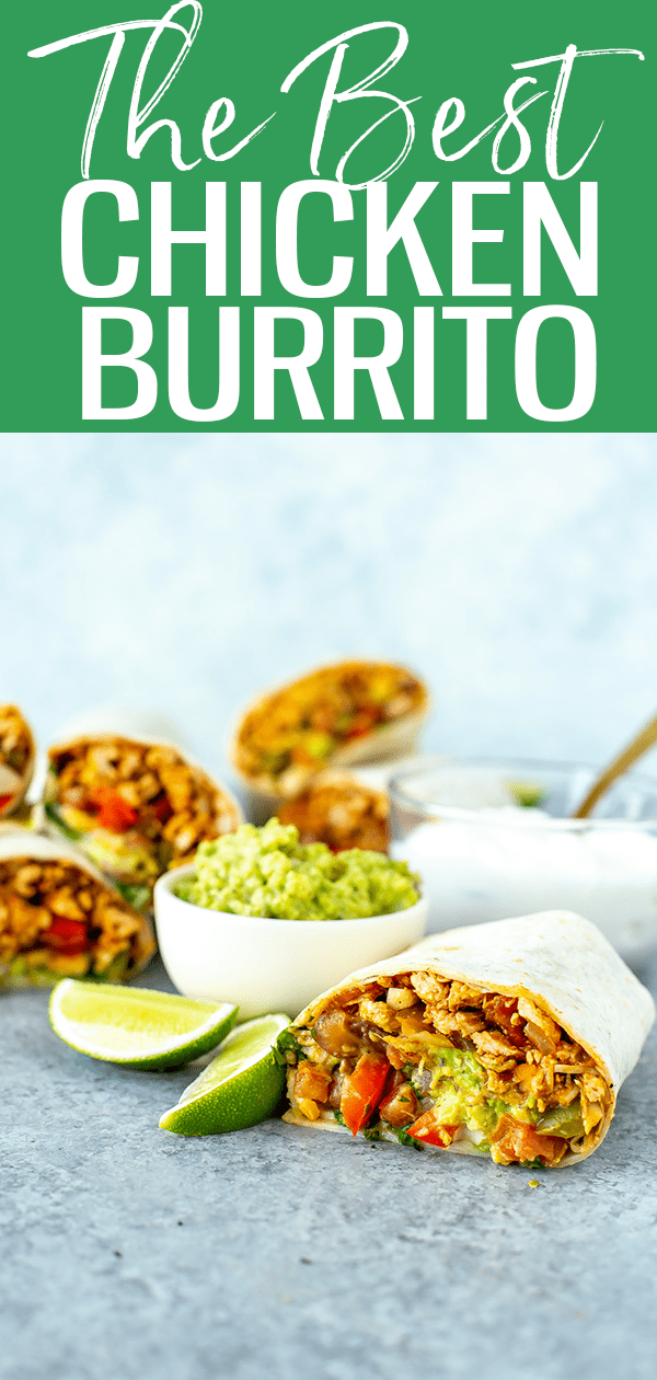 This chicken burrito recipe is like a Mucho Burrito copy cat, with delicious pulled chicken, pinto beans, salsa & sauteed peppers! #pulledchicken #chickenburrito