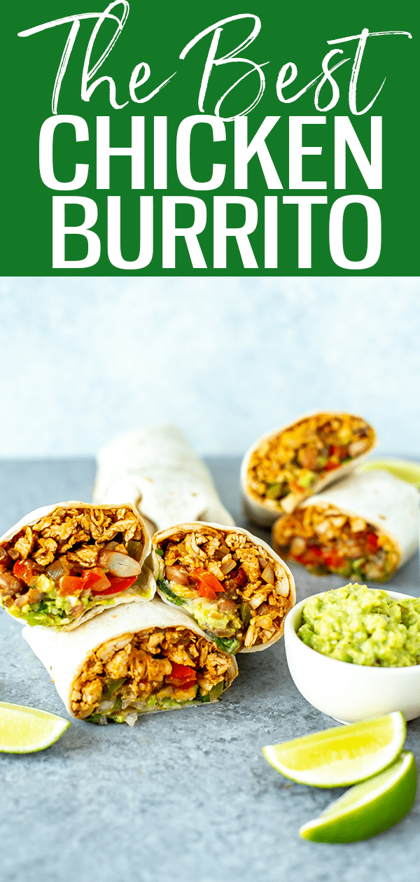 This chicken burrito recipe is like a Mucho Burrito copy cat, with delicious pulled chicken, pinto beans, salsa & sauteed peppers! #pulledchicken #chickenburrito