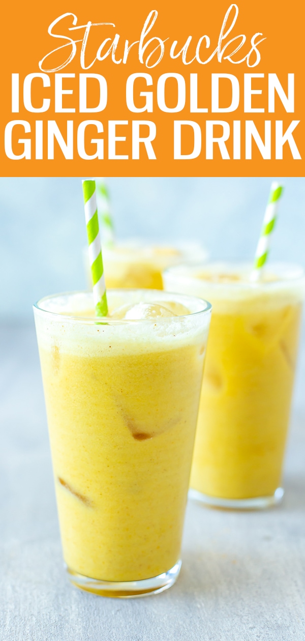 This bright yellow Iced Golden Ginger Drink is made with coconut milk, turmeric, cinnamon, pineapple and ginger - just like the version at Starbucks! #starbucks #icedgoldengingerdrink