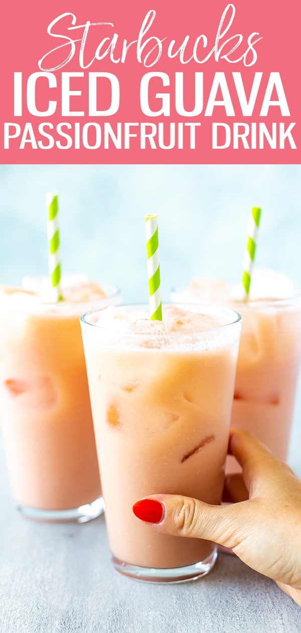 This colourful Iced Guava Passionfruit Drink is made with coconut milk, guava nectar, passionfruit, pineapple and ginger - just like the version at Starbucks! #starbucks #icedguavapassionfruitdrink
