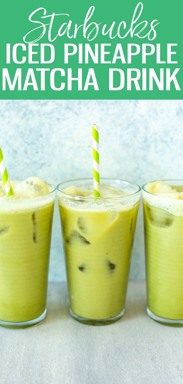 This bright green Iced Pineapple Matcha Drink is made with coconut milk, matcha green tea, pineapple and ginger - just like the version at Starbucks! #starbucks #icedmatchapineappledrink