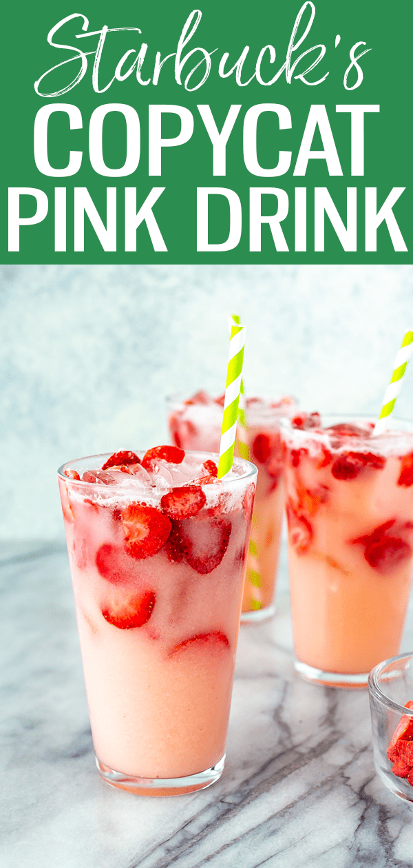 This Starbucks Pink Drink recipe is the PERFECT copycat, made with passion tea, white grape juice & strawberry sparkling water. #starbuckscopycat #pinkdrink