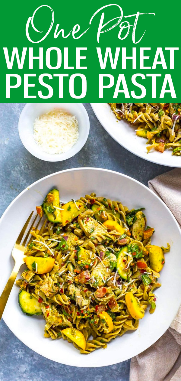 This Whole Wheat Summer Pesto Pasta is the perfect one-pot meal that’s great for meal prep and batch cooking during a busy workweek!  #mealprep #pestopasta